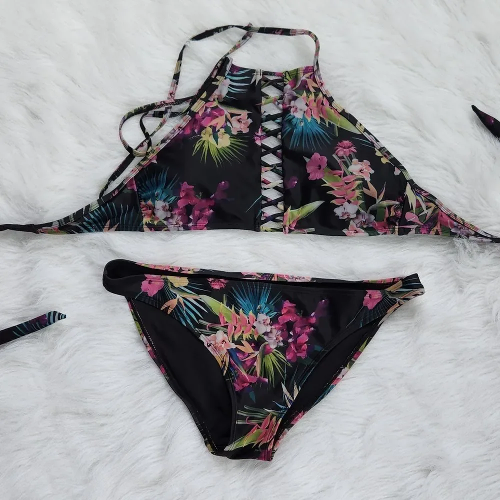 Aeropostale LLD 90B‎ Tropical Floral Bikini Black Floral Bottom Top M Bottom L